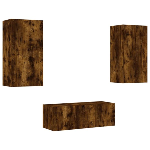 vidaXL 4 Parta Veggsj&oacute;nvarpseiningar m/ LED Reyklitu&eth; Eik