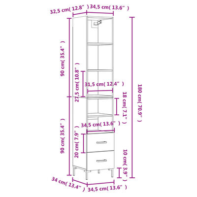 vidaXL Hár Skápur Steypugrár 34,5x34x180 cm Samsettur Viður