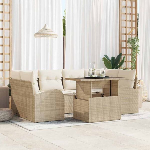 vidaXL Gar&eth;s&oacute;fa sett me&eth; p&uacute;&eth;i me&eth; kodda 7 pcs Drapplita&eth;ur Poly Rattan
