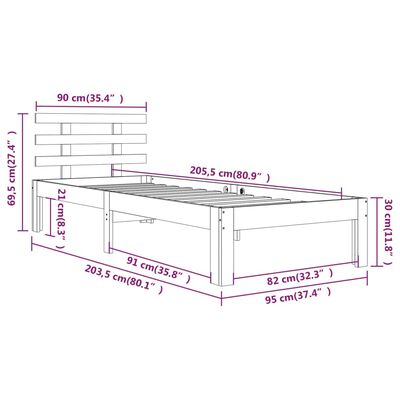 vidaXL Rúmgrind án Dýnu Hvít Gegnheil Viður 90x200 cm