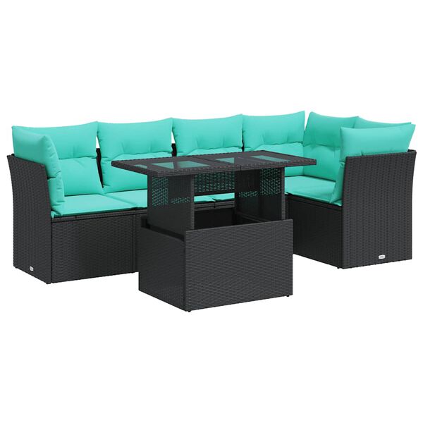 vidaXL 6 stykki gar&eth;s&oacute;fasett me&eth; p&uacute;&eth;um Black Poly Rattan Acacia