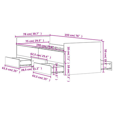 vidaXL Rúmgrind án Dýnu Gráir Sonoma Eik 75x190 cm