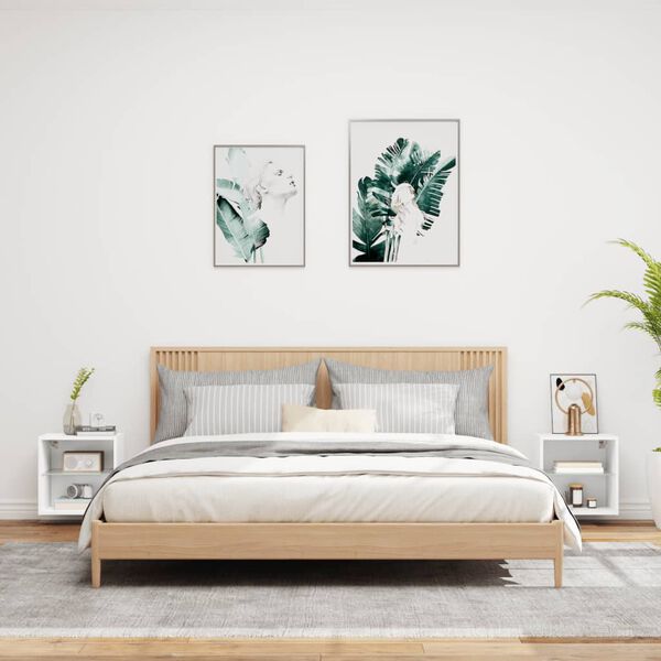 vidaXL Náttborð með LED-Ljósum Veggfest 2 stk. Hvít