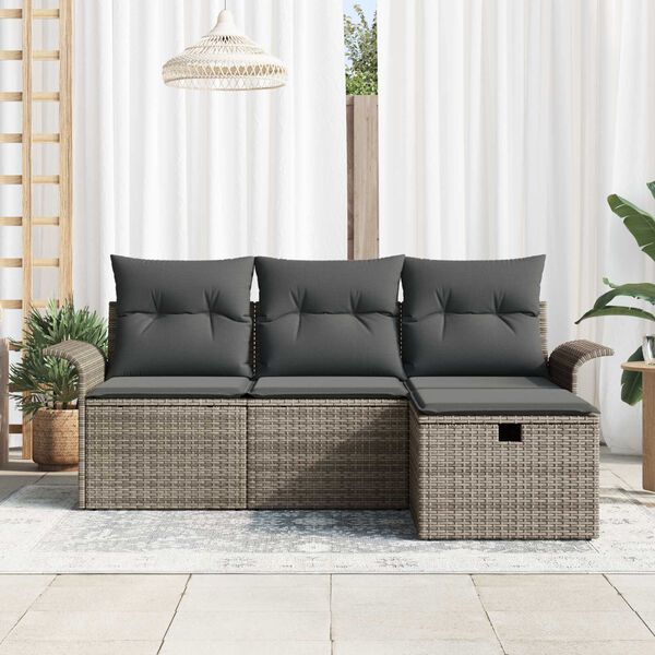 vidaXL Garðsófa sett með púði með geymslu 4 pcs Grár pólýrattan