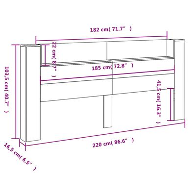 vidaXL Höfuðgaflsskápur með LED Reyklituð Eik 220x16,5x103,5 cm