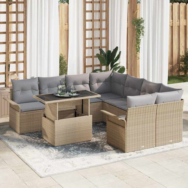 vidaXL Gar&eth;s&oacute;fa sett me&eth; p&uacute;&eth;i 9 pcs Drapplita&eth;ur Poly Rattan