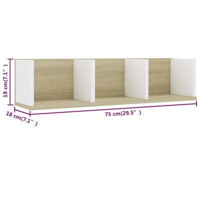 801315 vidaXL CD Wall Shelf White and Sonoma Oak 75x18x18 cm Chipboard