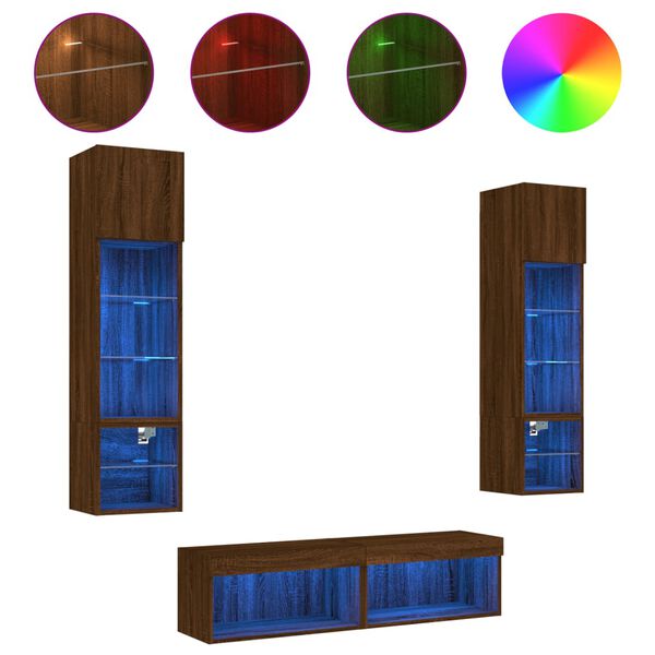 vidaXL 6 hluta Veggsjónvarpseiningar m/ LED Brúnar Samsettur Viður