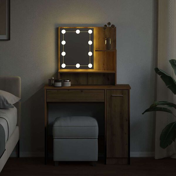 vidaXL Snyrtibor&eth; me&eth; LED lj&oacute;sum Artisan Eik 86,5x35x136 cm