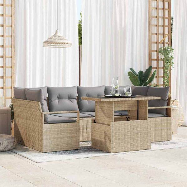 vidaXL Gar&eth;s&oacute;fa sett me&eth; geymslu 7 pcs Drapplita&eth;ur p&oacute;l&yacute;rattan