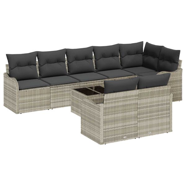 vidaXL Gar&eth;s&oacute;fa sett me&eth; p&uacute;&eth;i 9 pcs Lj&oacute;sgr&aacute;tt Poly rattan