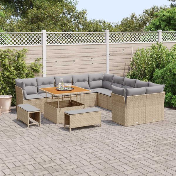 vidaXL Gar&eth;s&oacute;fa sett me&eth; p&uacute;&eth;i 13 pcs Beige og lj&oacute;sgr&aacute;r p&oacute;l&yacute;rattan