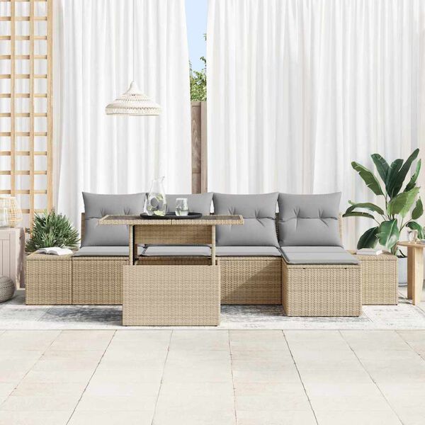 vidaXL Gar&eth;s&oacute;fa sett me&eth; p&uacute;&eth;i 6 pcs Beige og lj&oacute;sgr&aacute;r p&oacute;l&yacute;rattan
