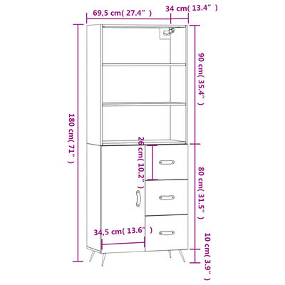 vidaXL Hár Skápur Steypugrár 69,5x34x180 cm Samsettur Viður