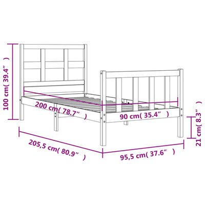 vidaXL Rúmgrind með Höfuðgafli Svartur 90x200 cm Gegnheil viðar