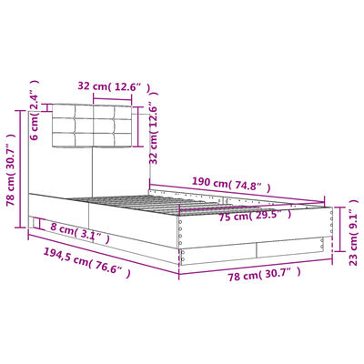 vidaXL Rúmgrind með Höfuðgafli Brún Eikarlitur 75x190 cm