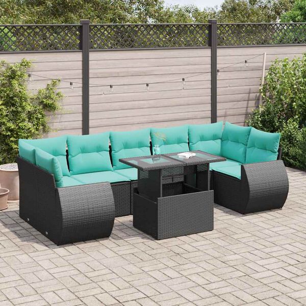 vidaXL 8 stykki gar&eth;s&oacute;fasett me&eth; p&uacute;&eth;um Black Poly Rattan Acacia