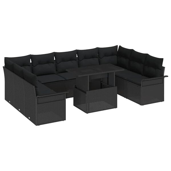 vidaXL Gar&eth;s&oacute;fa sett me&eth; p&uacute;&eth;i 10 pcs Svartur Poly rattan