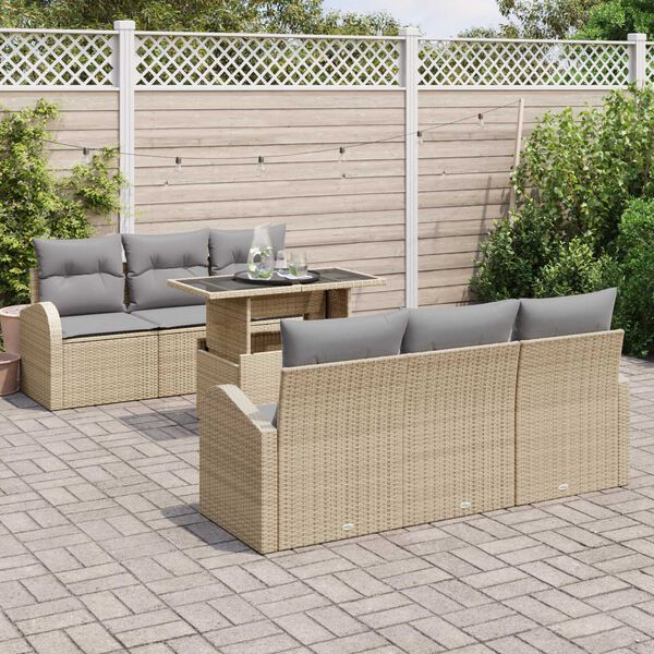 vidaXL Gar&eth;s&oacute;fa sett me&eth; p&uacute;&eth;i me&eth; kodda 7 pcs Drapplita&eth;ur Poly Rattan
