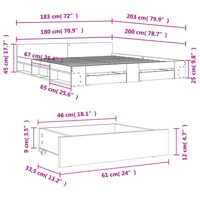 vidaXL Rúmgrind með Skúffum án Dýnu Gráir Sonoma Eik 180x200 cm