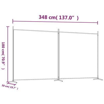 vidaXL 2-þilja Skilrúm Hvítt 348x180 cm Tauáklæði