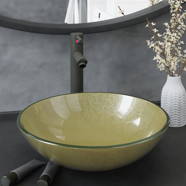 vidaXL Baðherbergisvaskur með Krana og Botnventill Gyllt Hert Gler