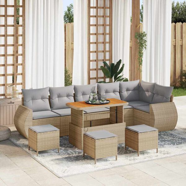 vidaXL Gar&eth;s&oacute;fa sett me&eth; p&uacute;&eth;i 10 pcs Beige og lj&oacute;sgr&aacute;r Poly Rattan
