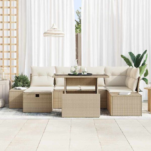 vidaXL Gar&eth;s&oacute;fa sett 7 pcs Drapplita&eth;ur p&oacute;l&yacute;rattan
