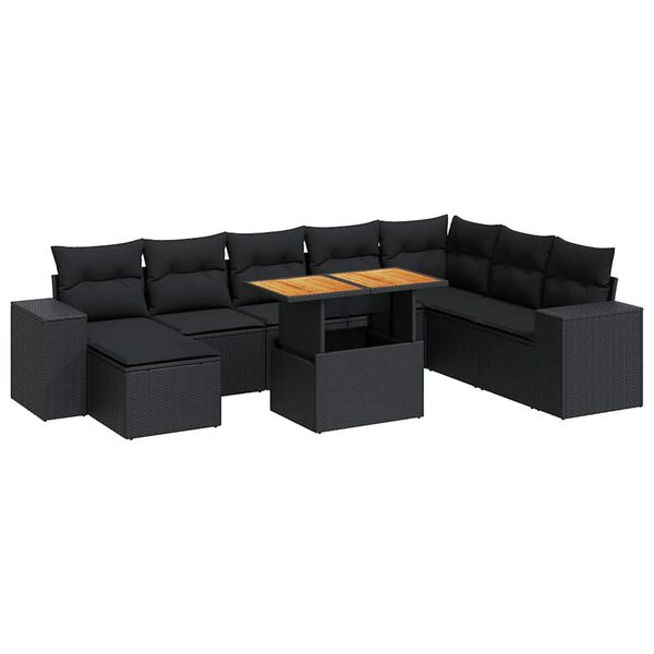 vidaXL 9 stykki gar&eth;s&oacute;fasett me&eth; p&uacute;&eth;um Black Poly Rattan Acacia