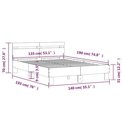 vidaXL Rúmgrind með LED án Dýnu Svört 135x190 cm