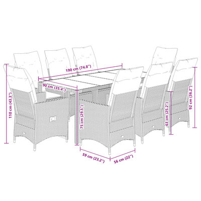 vidaXL 9 Hluta Garðborðsett með Sessum Drappað Pólýrattan