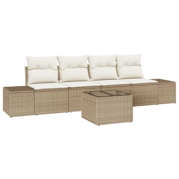 vidaXL S&oacute;fasett me&eth; p&uacute;&eth;i me&eth; kodda 5 pcs Beige og krem p&oacute;l&yacute;rattan