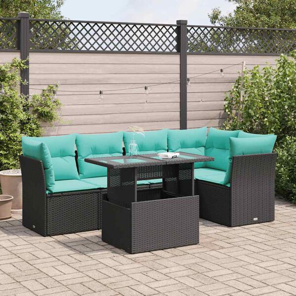 vidaXL 6 stykki gar&eth;s&oacute;fasett me&eth; p&uacute;&eth;um Black Poly Rattan Acacia