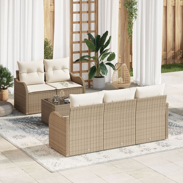 vidaXL Gar&eth;s&oacute;fa sett 6 pcs Beige og krem P&oacute;l&yacute;rattan, St&aacute;l og Gler