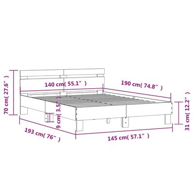 vidaXL Rúmgrind með Höfuðgafli Steypugrá 140x190 cm Samsettur Viður