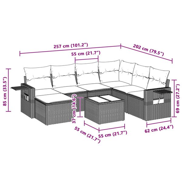 vidaXL 8-Hluta Gar&eth;s&oacute;fasett me&eth; Sessum Lj&oacute;sgr&aacute;r P&oacute;l&yacute;rattan