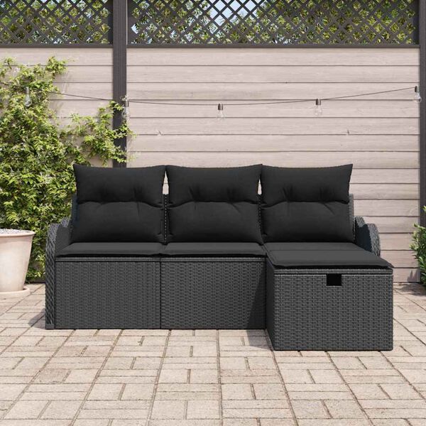 vidaXL Gar&eth;s&oacute;fa sett me&eth; p&uacute;&eth;i me&eth; geymslu 4 pcs Svartur p&oacute;l&yacute;rattan