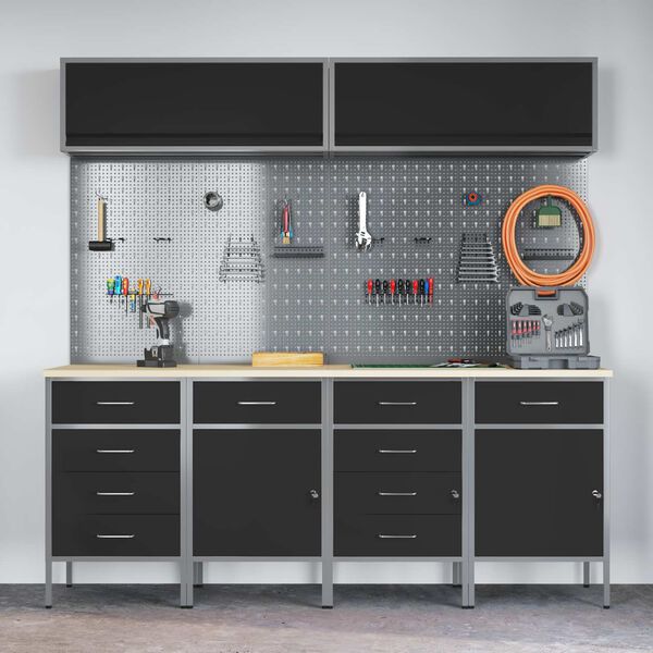 vidaXL Vinnusk&aacute;paset 10 pcs Svartur Pulverlita&eth;ur st&aacute;l og hanna&eth; tr&eacute;