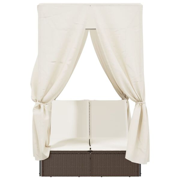 vidaXL Tv&ouml;faldur S&oacute;lbekkur me&eth; Skyggni og Tj&ouml;ldum Br&uacute;nn P&oacute;l&yacute;rattan