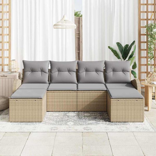 vidaXL S&oacute;fasett me&eth; p&uacute;&eth;i 6 pcs Beige og lj&oacute;s gr&aacute;tt p&oacute;l&yacute;rattan