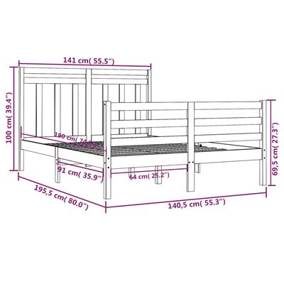 vidaXL Rúmgrind Grá Gegnheill Viður 135x190 cm Tvíbreið