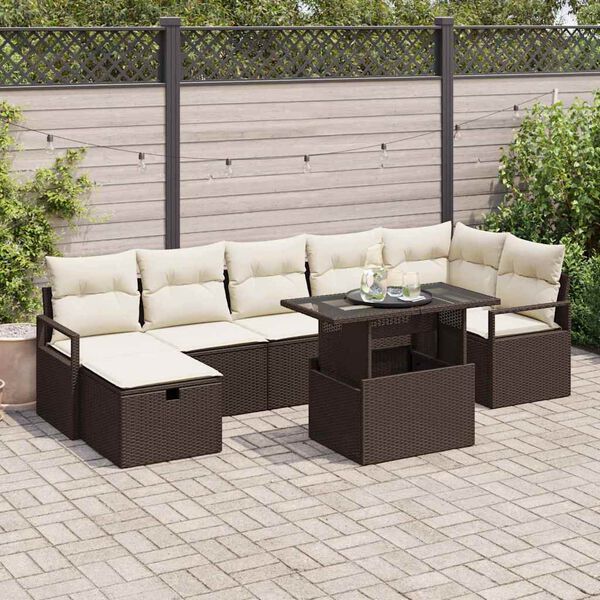 vidaXL Gar&eth;s&oacute;fa sett me&eth; p&uacute;&eth;i me&eth; geymslu 8 pcs Br&uacute;nn Poly rattan