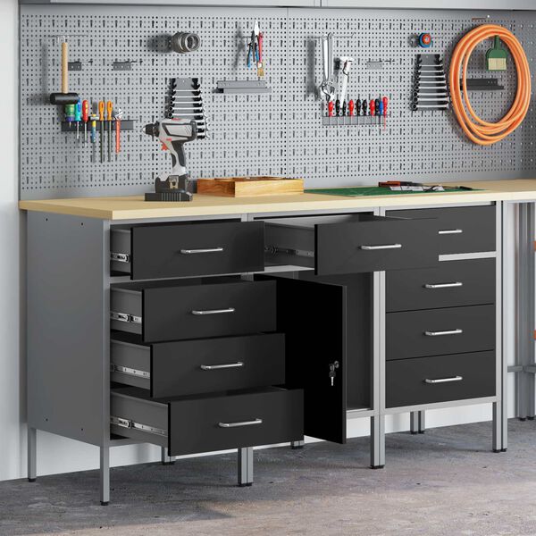 vidaXL Vinnuskápur með skúffu 3 pcs Svartur og grár 150 x 55 x 85 cm