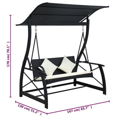 49228 vidaXL 3-Seater Garden Swing Bench with Canopy Poly Rattan Black