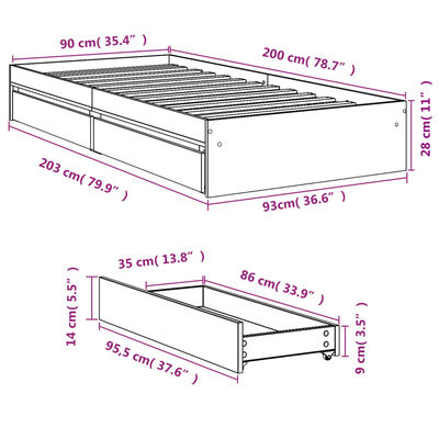 vidaXL Rúmgrind með Skúffum án Dýnu Sonoma Eikarlitur 90x200 cm