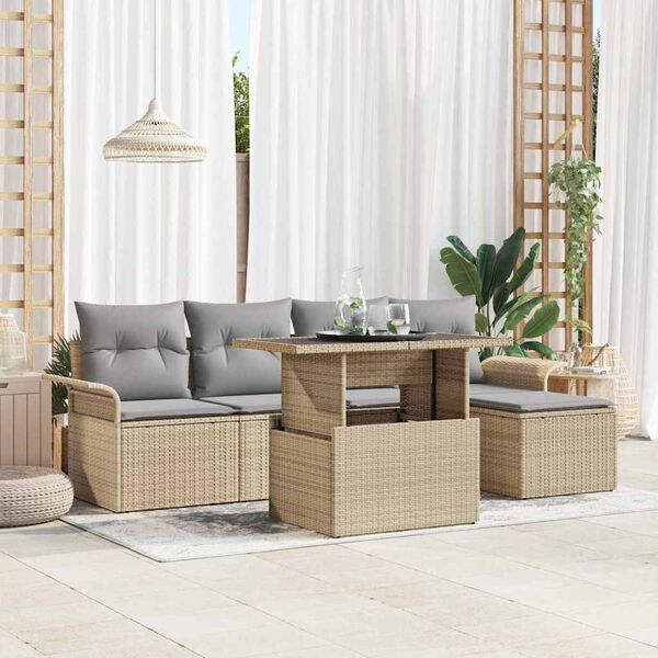 vidaXL Gar&eth;s&oacute;fa sett me&eth; p&uacute;&eth;i 6 pcs Drapplita&eth;ur p&oacute;l&yacute;rattan