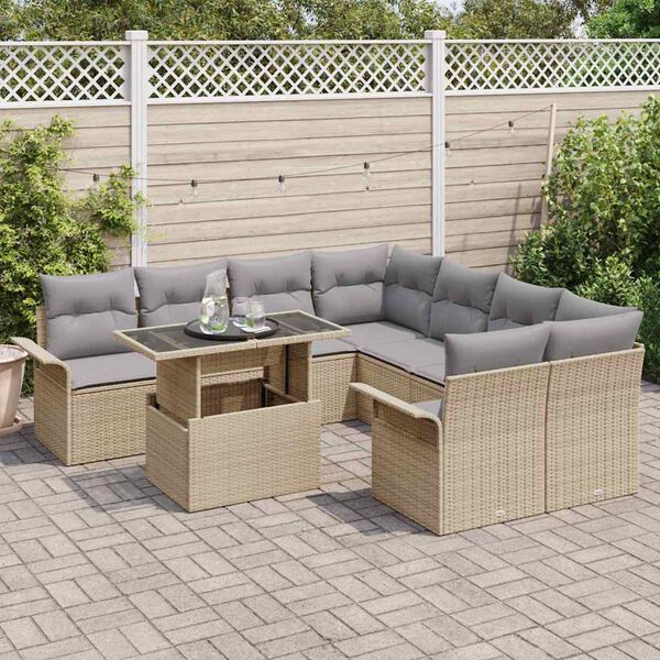 vidaXL Gar&eth;s&oacute;fa sett me&eth; p&uacute;&eth;i 9 pcs Drapplita&eth;ur Poly Rattan