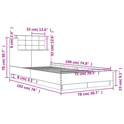 vidaXL Rúmgrind með LED án Dýnu Brún Eikarlitur 75x190 cm