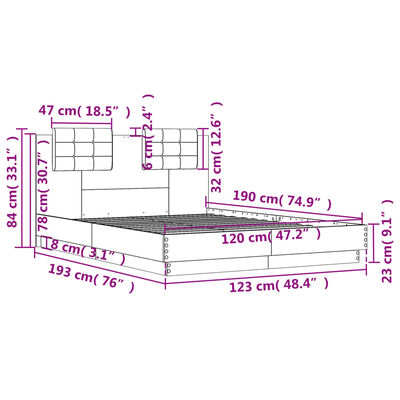 vidaXL Rúmgrind með LED án Dýnu Brún Eikarlitur 120x190 cm