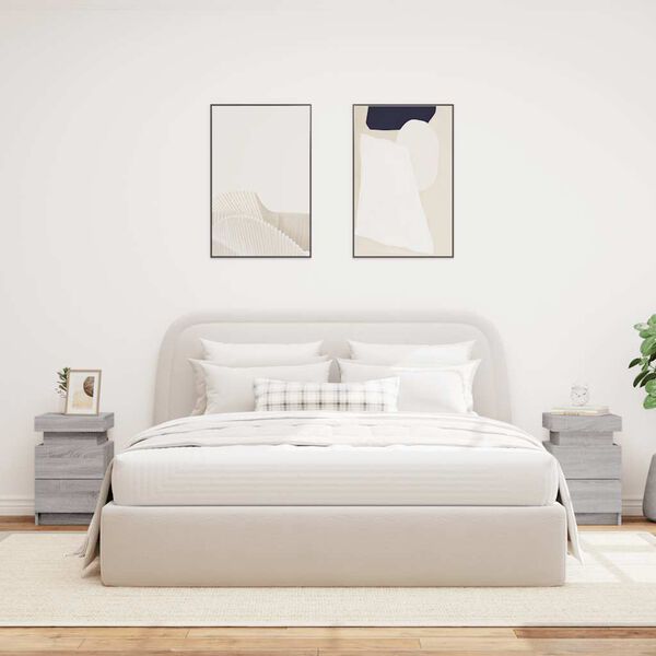 vidaXL Náttborð með LED-Ljósum 2 stk. Grátt Sonoma 35x39x55 cm